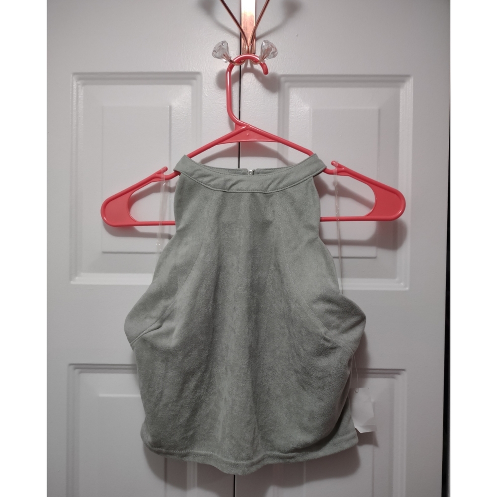 Charlotte Russe Gray Faux Suede Halter Cropped Zip up Top Small New with tag